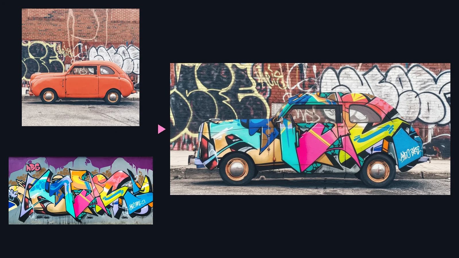 Wan 2.7 Image editing sample: a car and a graffiti wall become one image